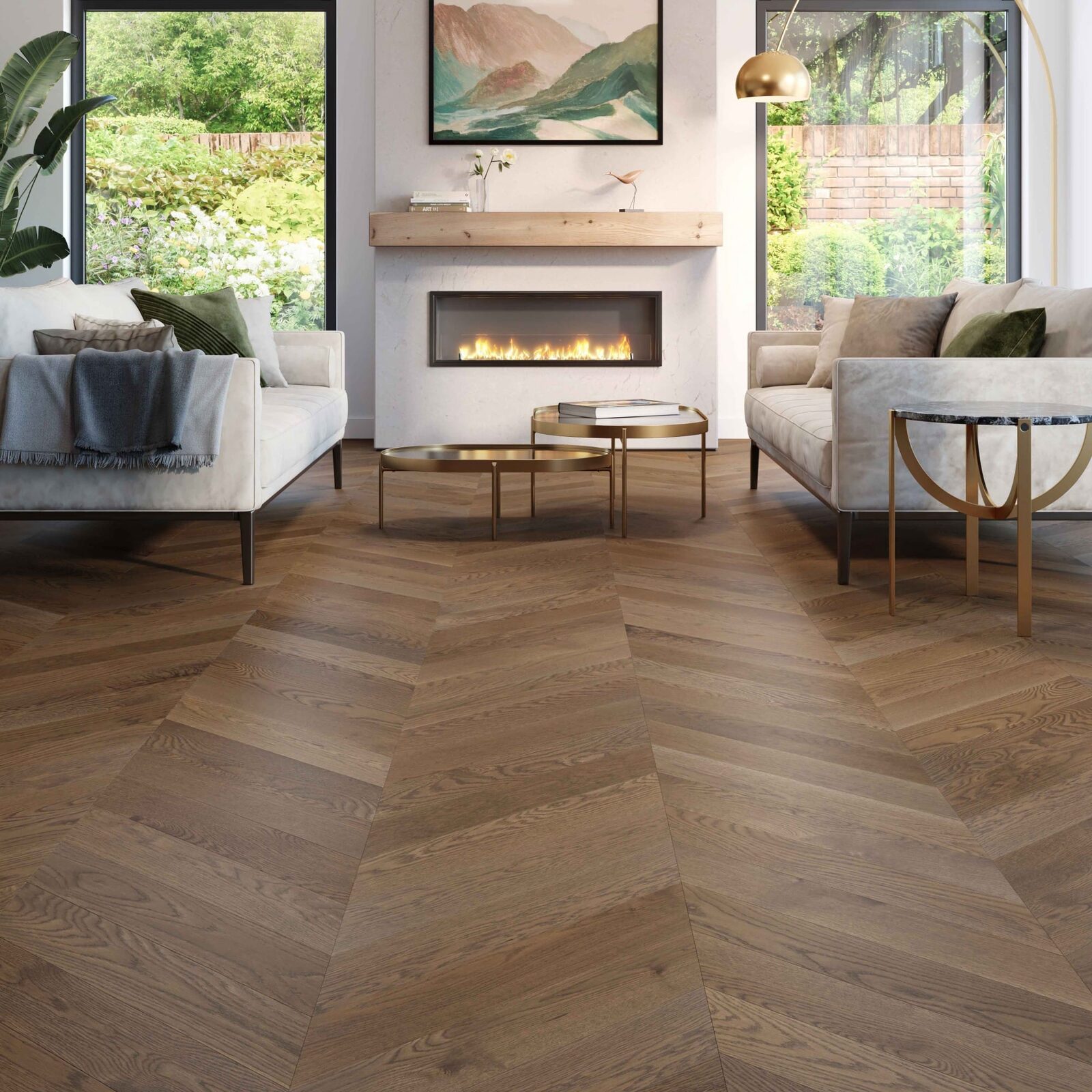 Herringbone hardwood floor in a great room installed by ARK Renovation